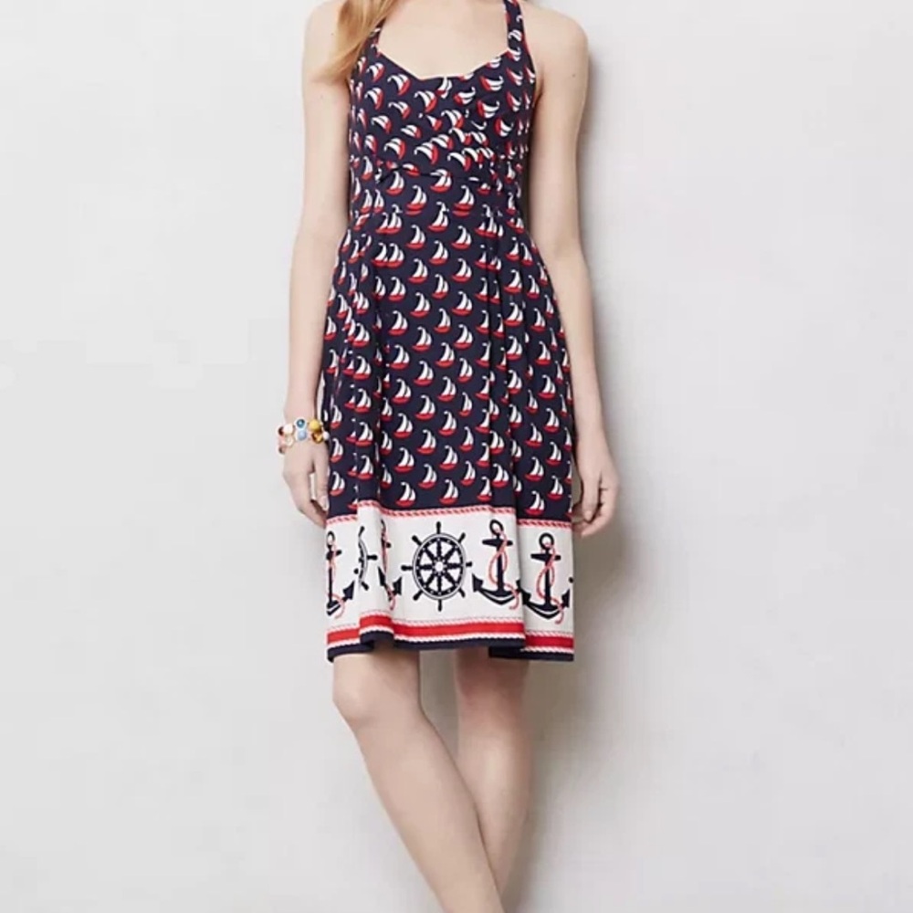 ANTHROPOLOGIE Sailboat Print Halter Dress NWT 4 Windward Nautical Red White Blue